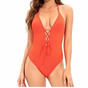 Lucky Brand Golden Wave Textured One Piece Swimsuit Large Fiesta Orange